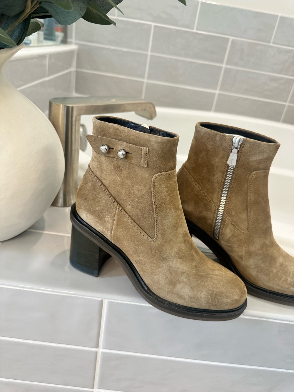 New rag & bone Tan Suede Ankle Booties with Side Zip